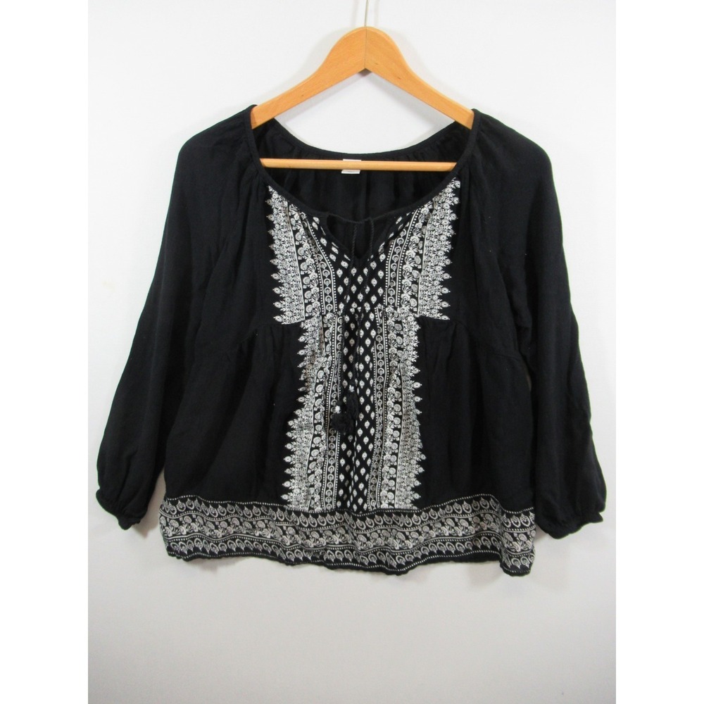 Old Navy Empire Waist Gauzy Blouse Women Medium Black Lightweight Tassel Boho